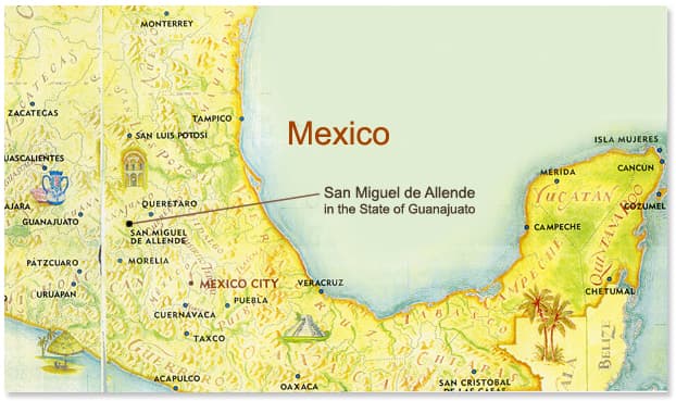 San Miguel de Allende sits in the mountainous region of central Mexico, state of Guanajuato