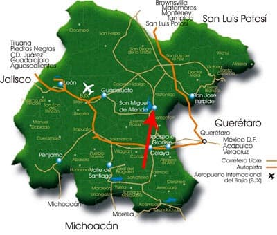 From San Miguel: Guanajuato is a 1-hour drive, Leon Airport (BJX) 75 min, Querétaro 40 min